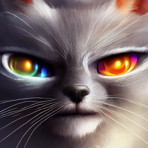 Prompt: close up of professor teemo from league of legends as a grey fluffy cat with huge beautiful eyes, vivid color, neon color, intricate detail, digital painting, particles floating, whimsical background by marc simonetti, artwork by ross tran + ramond swanland + liam wong