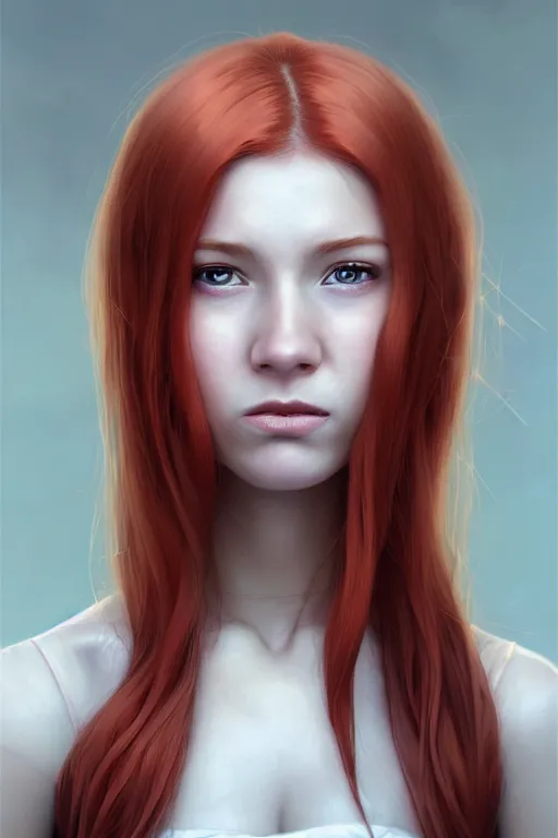 Image similar to ultra realistic style illustration of a cute red haired young woman with a smirky face, 1 9 year old, headshot, sci - fi, fantasy, intricate, elegant, digital painting, artstation, concept art, smooth, sharp focus, illustration, 8 k frostbite 3 engine, ultra detailed, art by artgerm and greg rutkowski and magali villeneuve