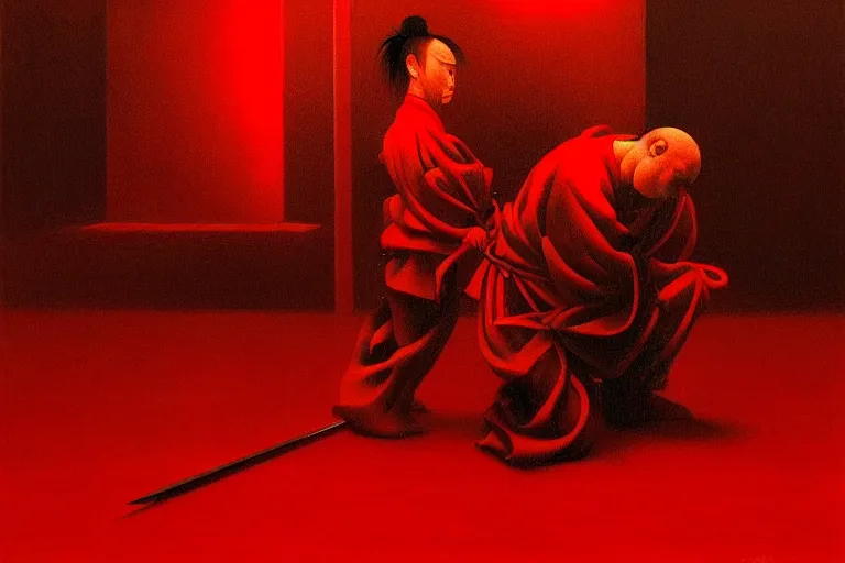 Image similar to only with red, a red samurai do seppuku, tokio, a lot of frogs watch, in the style of beksinski, parts by edward hopper, parts by rodcenko, parts by yue minjun, intricate and epic composition, red by caravaggio, insanely quality, highly detailed, masterpiece, red light, artstation, 4 k