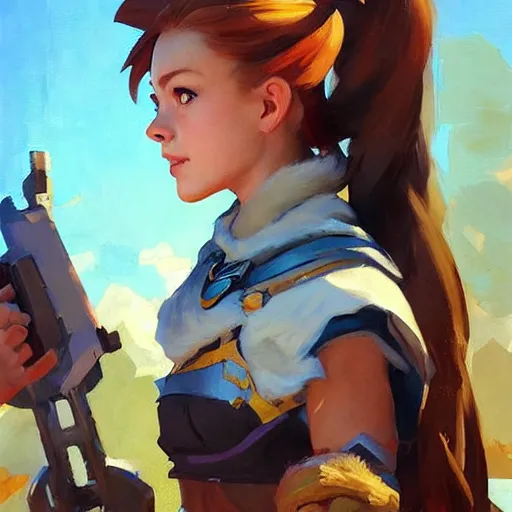 Image similar to greg manchess portrait painting of a aloy as overwatch character, medium shot, asymmetrical, profile picture, organic painting, sunny day, matte painting, bold shapes, hard edges, street art, trending on artstation, by huang guangjian and gil elvgren and sachin teng