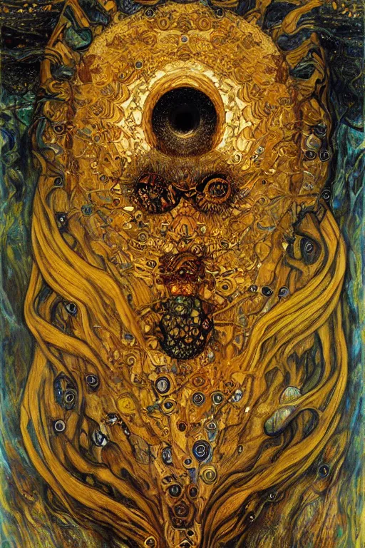 Image similar to Metamorphosis by Karol Bak, Jean Deville, Gustav Klimt, and Vincent Van Gogh, transformational chimera portrait, visionary, cicada wings, transformation, chimera, metamorphosis, otherworldly, fractal structures, ornate gilded medieval icon, third eye, spirals, horizontal symmetry