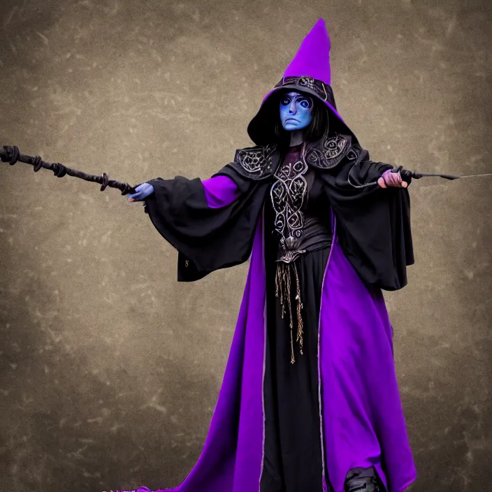 Prompt: photograph of a real - life beautiful! elemental darkness witch with ornate black and purple robes and staff. extremely detailed. 8 k