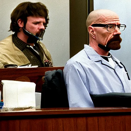 Image similar to walter white with no beard, wearing a clear plastic oxygen mask, sitting in a wheelchair in a courtroom.