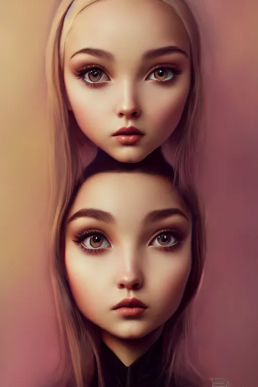 Prompt: identical kawai pixar big gazing eyes, tom bagshaw artstyle soft painting very close up portrait, single beautiful genetic anthropomorphic mix of dove cameron madison beer bella poarch fox, professionally retouched, insanely detailed, partial symmetrical accurate intricate features, focus, behance deviant art, 8 k masterpiece