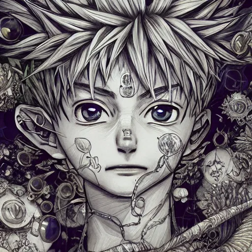 Image similar to killua zoldyck made of jewlery, an ultrafine detailed illustration by ( vania zouravliov ), rossdraws, irakli nadar, intricate linework, bright colors, final fantasy, behance contest winner, angular, unreal engine, global illumination, radiant light, detailed and intricate environment, thunderstorms, purple