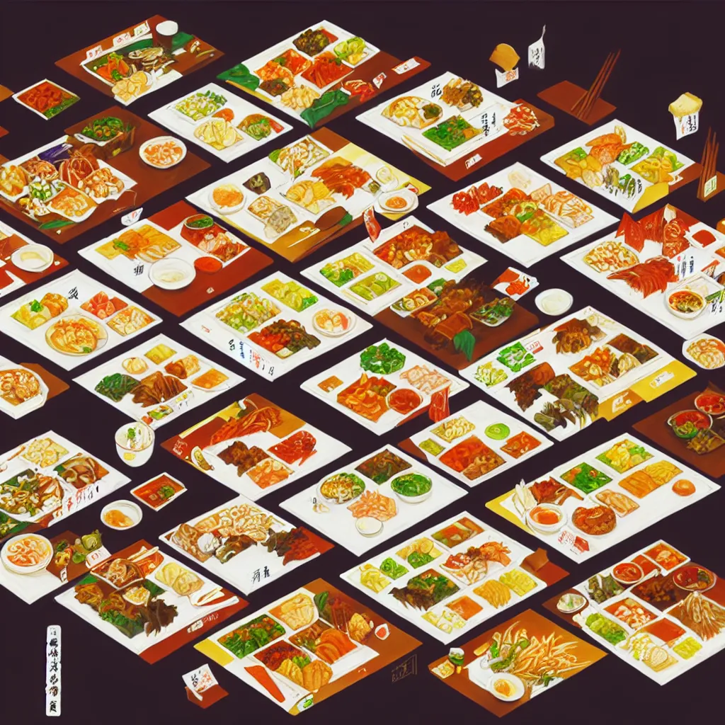 Image similar to a painting of a table full of japanese foods, concept art by taro yamamoto, pixiv contest winner, auto - destructive art, official art, concept art, pixiv