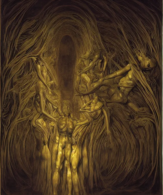 Image similar to The dark room without doors and windows with beautiful full-body wax sculpture of the glowing woman with visible golden bones inside her in the singularity where stars becoming baroque folds of dark matter by Michelangelo da Caravaggio, Nicola Samori, William Blake, Alex Grey and Beksinski, dramatic volumetric lighting, super detailed oil painting, 8k, masterpiece