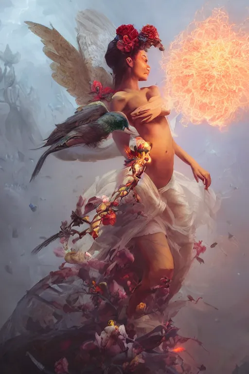 Image similar to beautiful girl necromancer, witch - doctor exploding into flowers, angels, 3 d render, hyper - realistic detailed portrait, holding electricity and birds, ruan jia, wlop. scifi, fantasy, hyper detailed, octane render, concept art, peter mohrbacher