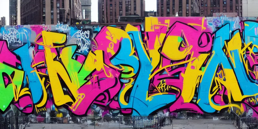 Prompt: beautiful graffiti mural in NYC with the words DOPE ERA in bright color letters, typography, street art, spray paint, hip hop culture