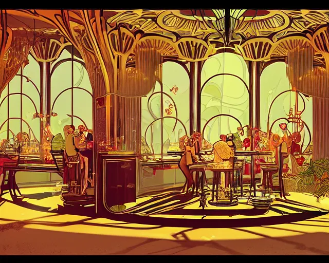 Image similar to art nouveau style champagne commercial, artstation, illustration, bright, cheerful, detailed and intricate environment