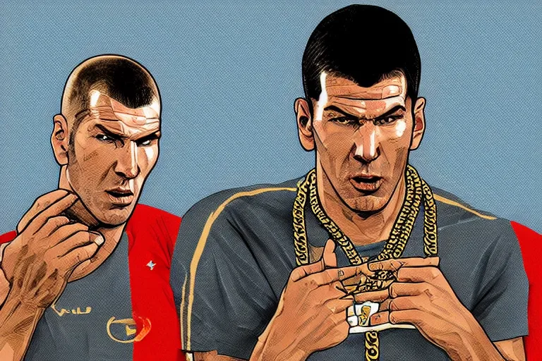 Prompt: illustration of zinedine zidane as a raper, gold chain, gta waiting screen, los angeles, by stephen bliss