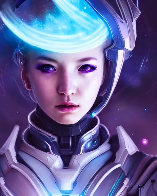 Image similar to perfect android girl on a mothership, warframe armor, beautiful face, scifi, futuristic, galaxy, nebula, bae suzy, dreamy, long white hair, blue cyborg eyes, sharp focus, cinematic lighting, highly detailed, artstation, divine, by gauthier leblanc, kazuya takahashi, huifeng huang