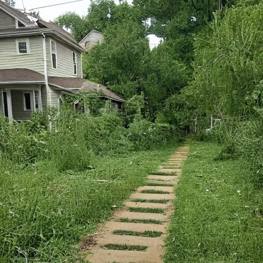 Prompt: poor neighborhood, overgrown, photo taken from a porch