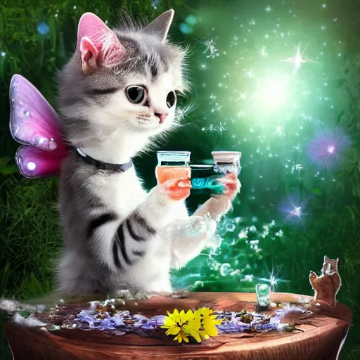 Prompt: a happy cute cat-fairy brewing a magic potion, extreme detail, photorealistic