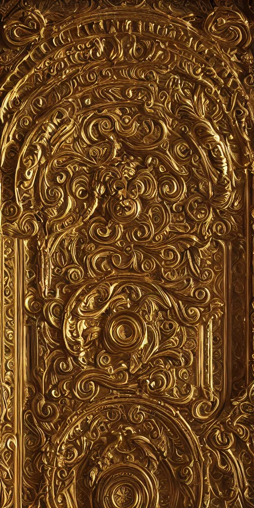 Image similar to an antique golden door with angelpunk style carvings, esoteric metalic design, dreamy, 8k, extreme detail, photorealistic, volumetric light, octane render, unreal engine, 16:9, ray tracing