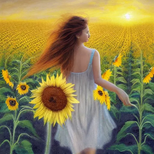 Image similar to a dreamy vision of girl slowly flying over amazing tall sunflower field, hair flowing, fog, early morning lightning, subtle, intricate details, real masterpiece, oil on canvas, by somsak anong