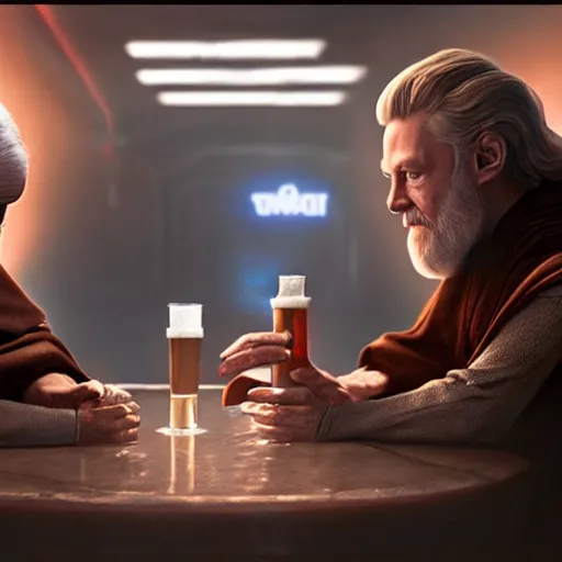 Image similar to star wars palpatine and obi wan drin beer in a sci - fi bar, movie still, screenshot, photorealistic painting, fanart, highly detailed