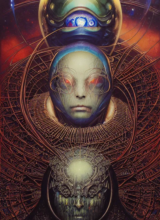 Prompt: large cloaked figures with glowing eyes wearing space helmets, alient planets, detailed heavy armor, by ayami kojima, amano, karol bak, greg hildebrandt, and mark brooks, neo - gothic, intricate, rich deep colors. beksinski painting, part by adrian ghenie and gerhard richter. part by takato yamamoto. 8 k masterpiece