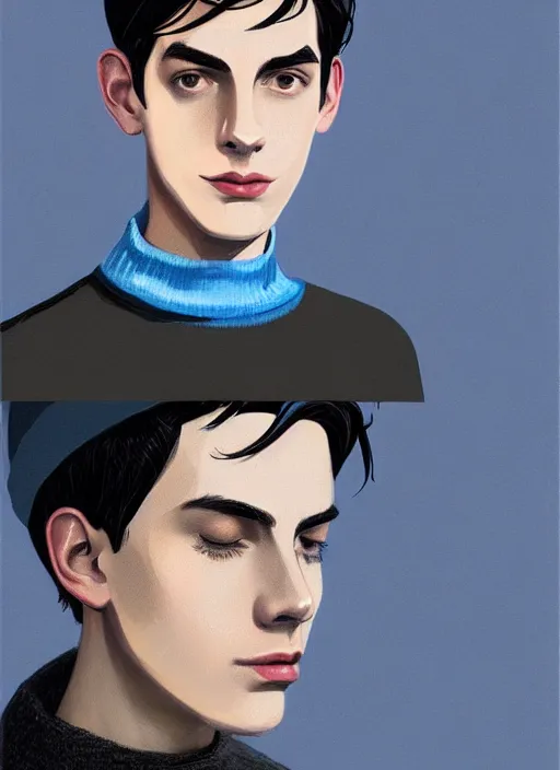 Image similar to portrait of teenage jughead jones wearing a light grey crown, crown, blue turtleneck, 1 9 5 0 s, closed eyes, photorealistic, black hair, glowing lighting, intricate, elegant, glowing lights, highly detailed, digital painting, artstation, concept art, smooth, sharp focus, illustration, art by wlop, mars ravelo and greg rutkowski