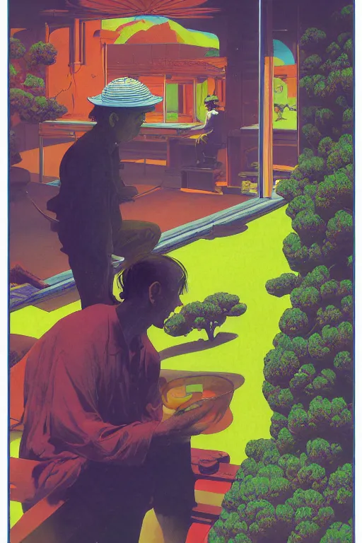 Image similar to man licks a tab of LSD acid on his tongue and experiences psychedelic hallucinations, by kawase hasui, moebius, Edward Hopper and James Gilleard, Zdzislaw Beksinski, Steven Outram colorful flat surreal design, hd, 8k, artstation