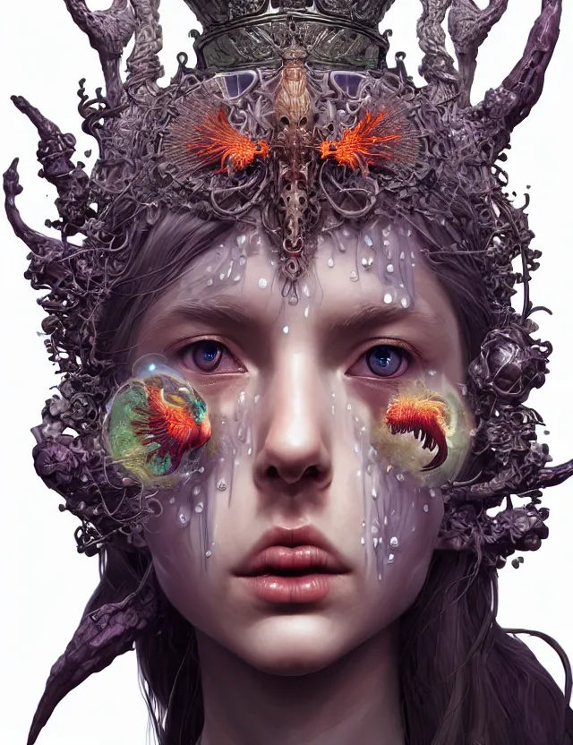 Image similar to symmetrical, centered, zbrush sculpt of goddess close-up portrait wigh crown made of skulls. phoenix betta fish, phoenix, bioluminiscent creature, super intricate ornaments artwork by Tooth Wu and wlop and alena aenami and greg rutkowski