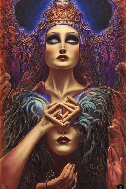 Image similar to mysterious intriguing woman performing third eye ritual, dark theme night time, expanding electric energy waves into the ethereal realm, epic surrealism 8k oil painting, realism portrait, perspective, high definition, post modernist layering, by Ernst Fuchs, Gerald Brom