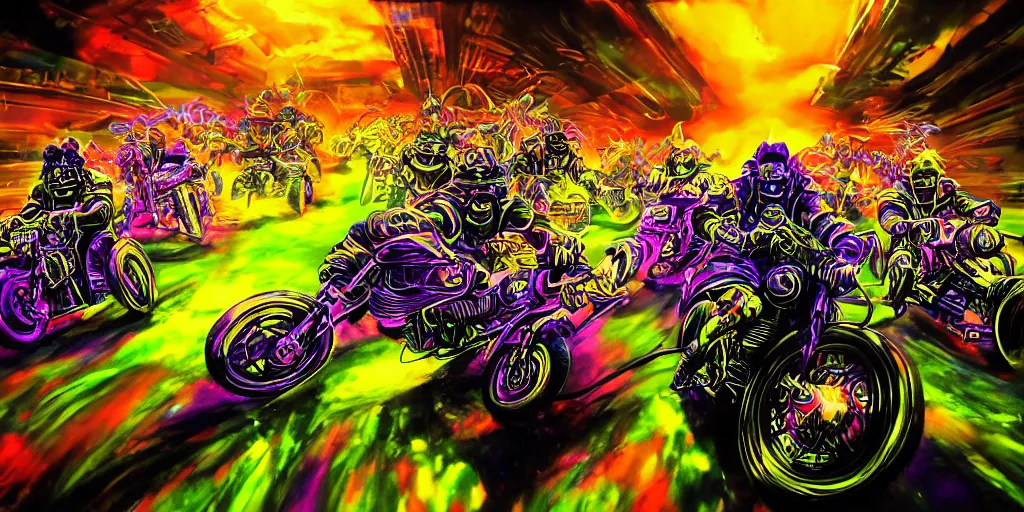 Image similar to psychedelic blacklight airbrush artwork, motorcycles, hyper stylized action shot of orc bikers racing on motorcycles, menacing orcs, drifting, skidding, wheelie, clear focused details, soft airbrushed artwork, black background, post - apocalypse, cgsociety, artstation, peter palombi, peter lloyd