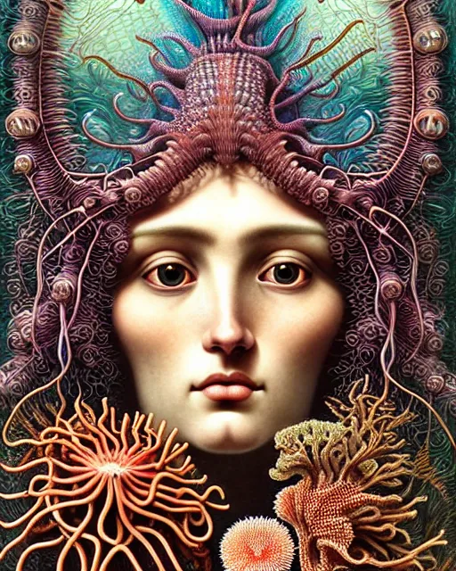 Prompt: hyperrealistic detailed underwater face portrait of the beautiful goddess of the jellyfish with an intricate headgear of corals, sea kelp, sea plants, fish, starfish, jellyfish, art by ernst haeckel, john william godward, android jones, alphonso mocha, gothic - cyberpunk, ornamental, beautiful deep colours,