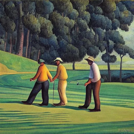 Image similar to Three golfers on a beautiful golf course, by Diego Rivera