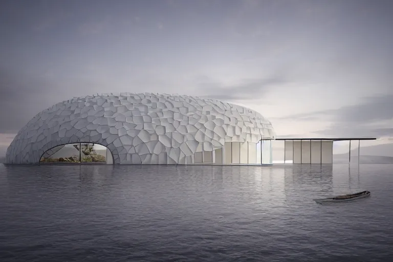 Prompt: a white egg shaped foam space relies on the building formed together. on the calm lake, people's perspective, future, interior wood, marble, award winning, highly detailed 4 k art, dusk, unreal engine highly rendered, global illumination, radial light, internal environment by kazuyo sejima and pierre cardin