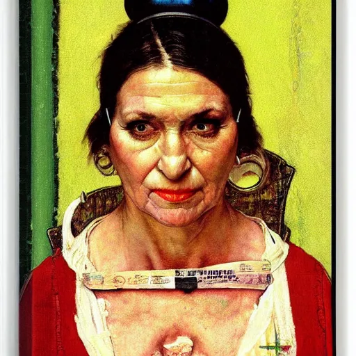 Prompt: frontal portrait of an avocado priestess, by norman rockwell