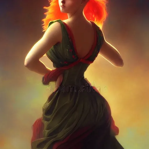 Image similar to a beautiful stunning fantasy whimsical matte digital portrait illustration of a pretty womam with bright green eyes and fiery red hair with a green bird on her shoulder, in the style of William Adolphe-Bouguereau and Marc Simonetti, magic the gathering, trending on artstation, contest winner