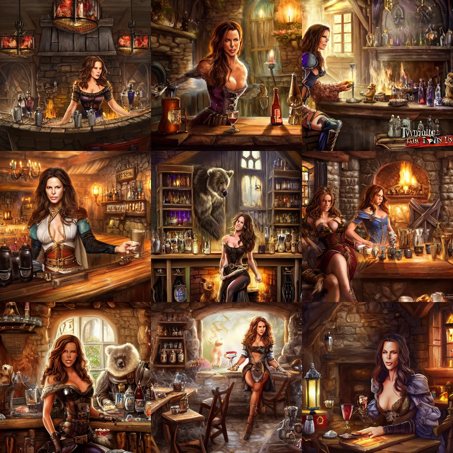 Prompt: kate beckinsale weared as paladine, sit in fantasy tavern near fireplace, behind bar deck with bear mugs, medieval dnd, colorfull digital fantasy art, 4k