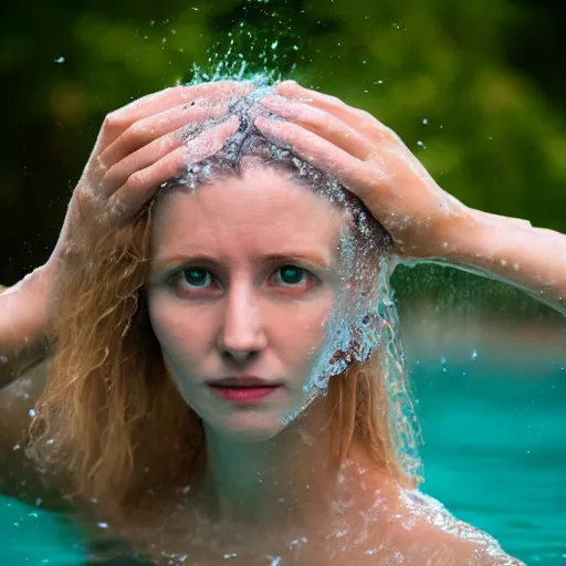 Image similar to a pale woman in water up to her shoulders, hair glowing and flowing, evil eyes, 4k telephoto lens,