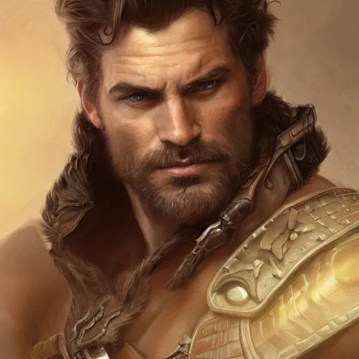 Image similar to portrait of a ruggedly handsome ranger, hands details, muscular, full body, leather, hairy, d & d, fantasy, intricate, elegant, highly detailed, digital painting, artstation, concept art, smooth, sharp focus, illustration, art by artgerm and greg rutkowski and alphonse mucha