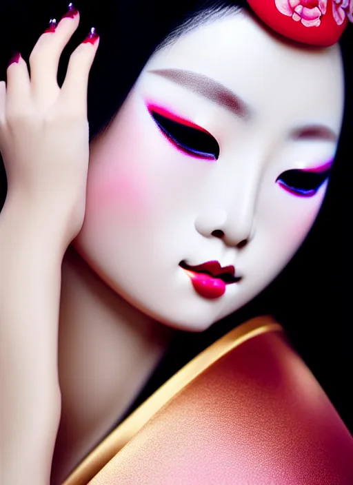 Prompt: sexy glamorous young Geisha closeup portrait, beautiful pale makeup, pearlescent skin, elegant pose, very detailed, highly detailed kimono, photorealism, sharp focus, soft diffuse autumn lights, some sunlight ray, zen temple background, painted by Leonardo da vinci and moebius