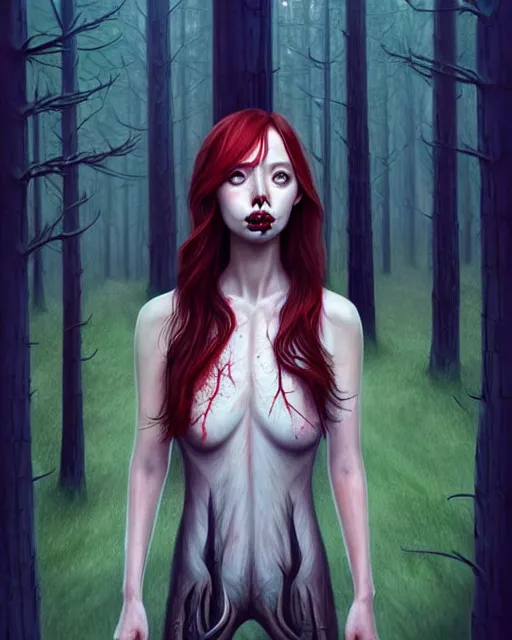 Prompt: surrounded by trees, full body realistic character concept, gorgeous Kacey Rohl, red hair, small freckles, Wendigo creature antlers deer skull face, symmetrical face, symmetrical eyes, covered in blood, dark forest, trees, shorter neck, cinematic lighting, Joshua Middleton and artgerm, fear anxiety terror