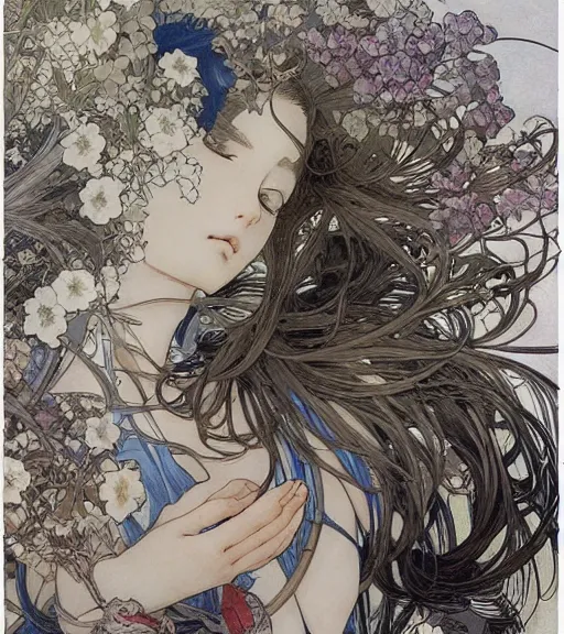 Image similar to yoshitaka amano anime painting, intricate line drawings, pen and ink, alphonse mucha, claire wendling, kentaro miura, ruan jia