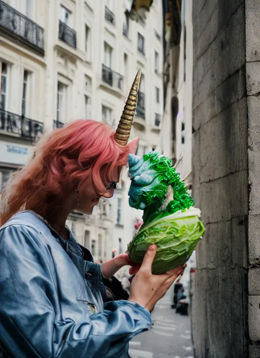 Image similar to a unicorn in paris, a cat and a piece of cabbage are crawling out of the unicorn, lsd, canon 5 d 5 0 mm lens fuji 8 0 0 film