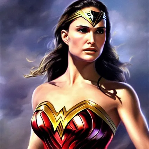 Prompt: ultra realistic portrait painting of natalie portman as wonder woman, art by frank frazetta, 4 k, ultra realistic, highly detailed, epic lighting.