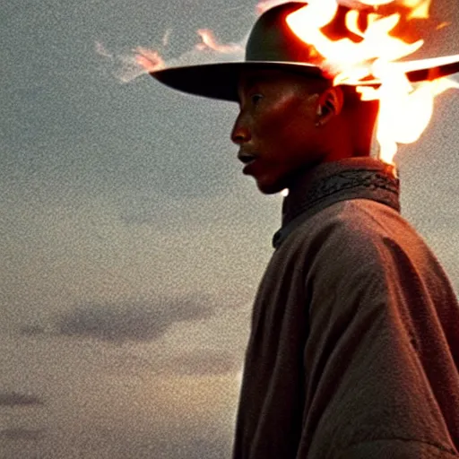 Image similar to cinematic film still Pharrell Williams starring as a Samurai holding fire, Japanese CGI, VFX, 2003, 40mm lens, shallow depth of field,film photography