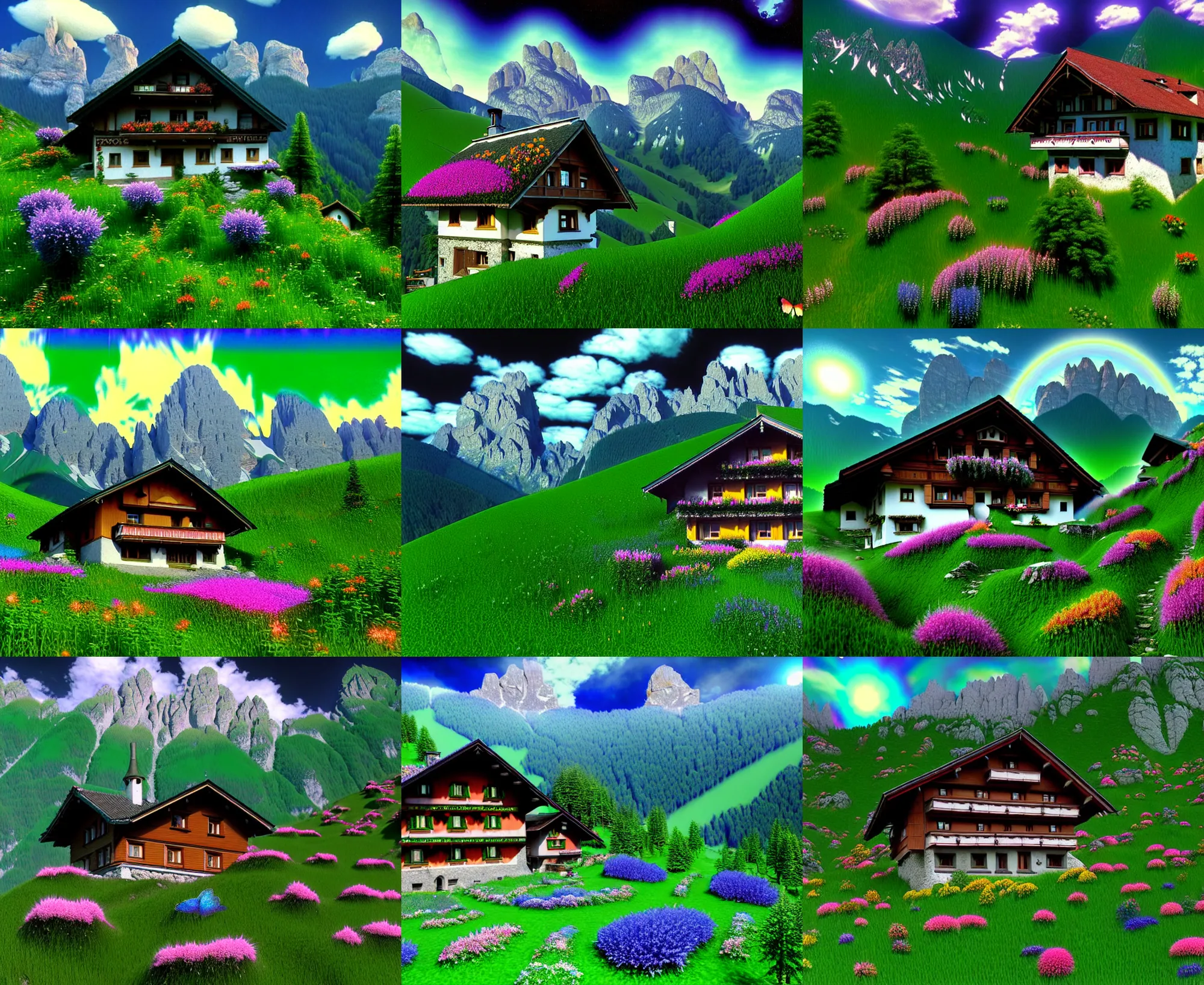 Prompt: 3 d render of matte painting of mountain cottage szene in beautiful mountain landscape in the bavarian alps against a psychedelic surreal background with 3 d butterflies and 3 d flowers n the style of 1 9 9 0's cg graphics, lsd dream emulator psx, 3 d rendered y 2 k aesthetic by ichiro tanida, 3 do magazine, wide shot