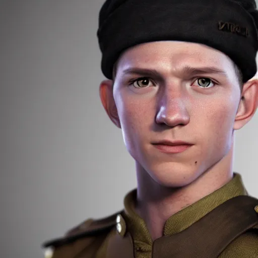 Prompt: closeup portrait of tom holland wearing russian ww 1 clothes, with black beanie on head near thach house at background, style ivan talavera and artgerm, radiant lighting, hyper realistic, photorealistic, octane render, trending on artstation, cgsociety, cinematic light, global illumination