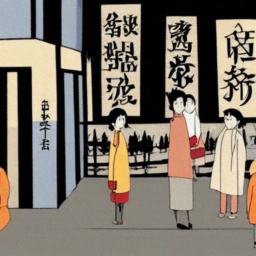 Prompt: a relaxing urban scene from the award winning animated film Life and Death in The City 住死. Motifs of anxiety and a search for meaning. Meditative and buddhist themes, of letting go