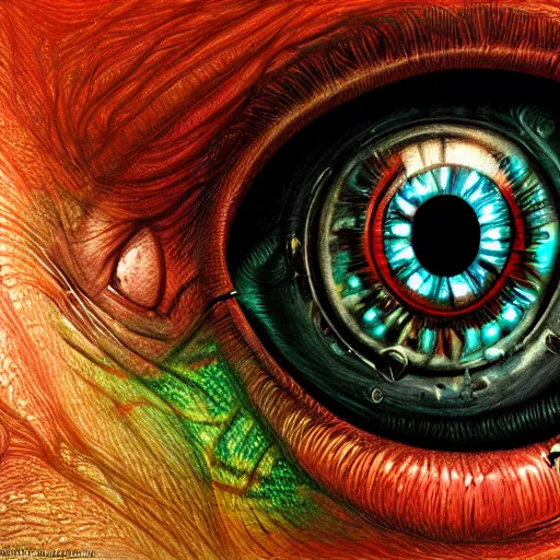 Image similar to photorealistic eye monster in the style of michael whelan. hyperdetailed photorealism, 1 0 8 megapixels, amazing depth, high resolution, 3 d shading, 3 d finalrender, 3 d cinematic lighting, glowing rich colors, psychedelic overtones, artstation concept art.