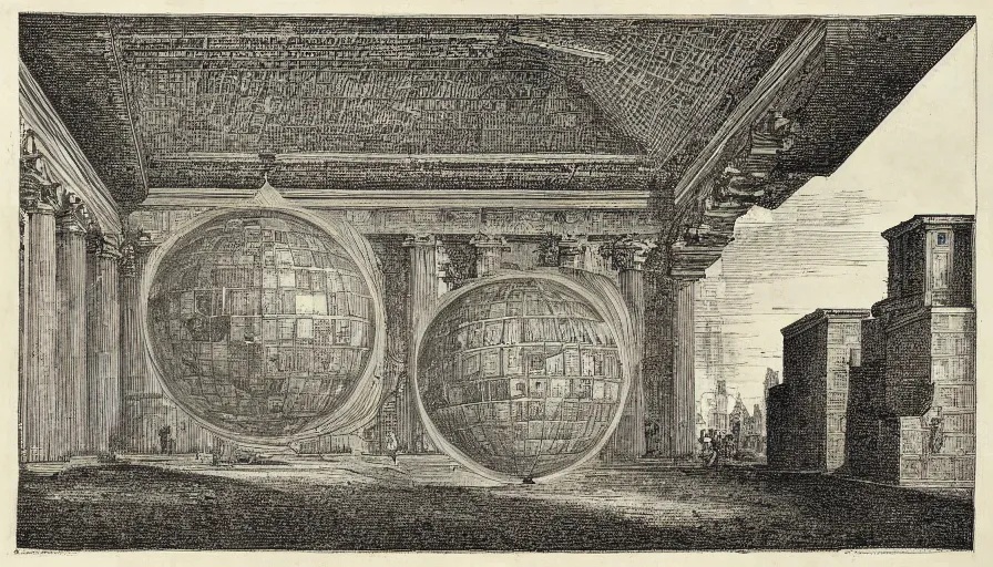 Image similar to a huge square with esoteric spheres, by piranesi, high quality, high detailed