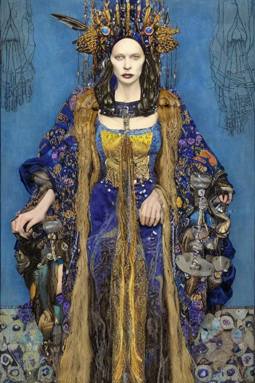 Image similar to portrait of the queen of crows, by Donato Giancola and John Bauer and Vermeer, embroidered velvet, iridescent beetles, rich color, ornate headdress, flowing robes, sacred artifacts, lost civilizations,featured on Artstation, cgisociety, unreal engine, extremely detailed