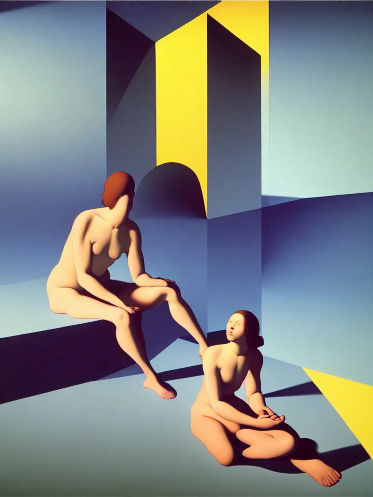 Image similar to hyperrealistic still life wide shot a woman sitting on the ground relaxing, sacred geometry, light refracting through prisms, by caravaggio, surrealism, vivid colors, serene, golden ratio, rule of thirds, negative space, minimalist composition, by rene magritte and james turrell