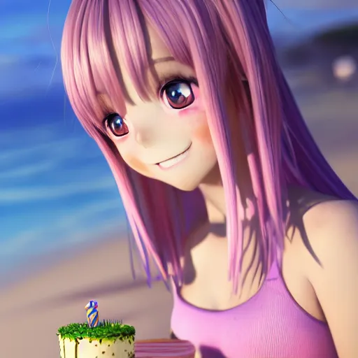 Image similar to Render of a beautiful 3d anime woman holding a birthday cake to show the camera, long light pink hair, full bangs, hazel eyes, cute freckles, full round face, proud smile, Chinese heritage, cute checkerboard sundress, golden hour, serene beach setting, medium shot, mid-shot, hyperdetailed, trending on Artstation, Unreal Engine 4k