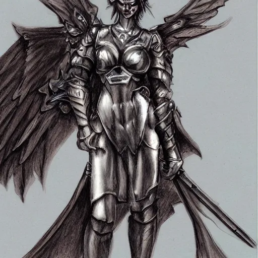 Image similar to a female winged gargoyle woman with a flaming sword, plate armor, fantasy, concept drawing